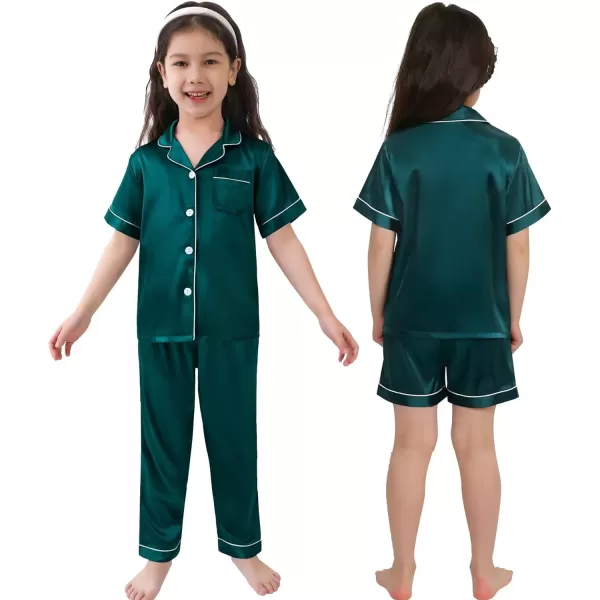 SWOMOG 3 pcs Kids Girls Boys Satin Pajamas Set Silk ButtonDown PJs Sets Soft Lounge Sets Short Sleeve SleepwearDark Green