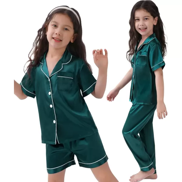 SWOMOG 3 pcs Kids Girls Boys Satin Pajamas Set Silk ButtonDown PJs Sets Soft Lounge Sets Short Sleeve SleepwearDark Green