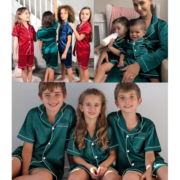 SWOMOG 3 pcs Kids Girls Boys Satin Pajamas Set Silk ButtonDown PJs Sets Soft Lounge Sets Short Sleeve SleepwearDark Green