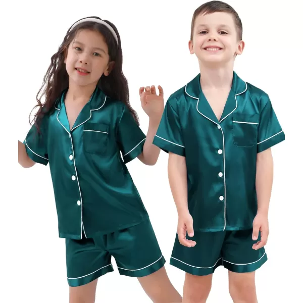 SWOMOG 3 pcs Kids Girls Boys Satin Pajamas Set Silk ButtonDown PJs Sets Soft Lounge Sets Short Sleeve SleepwearGreen