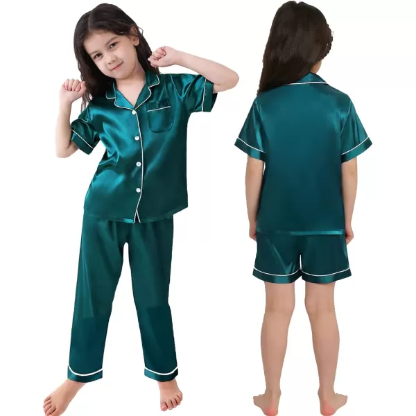 SWOMOG 3 pcs Kids Girls Boys Satin Pajamas Set Silk ButtonDown PJs Sets Soft Lounge Sets Short Sleeve SleepwearGreen