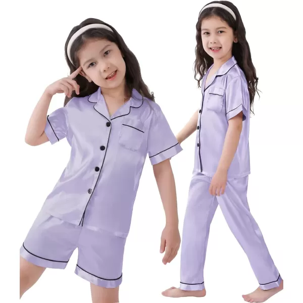 SWOMOG 3 pcs Kids Girls Boys Satin Pajamas Set Silk ButtonDown PJs Sets Soft Lounge Sets Short Sleeve SleepwearLavender