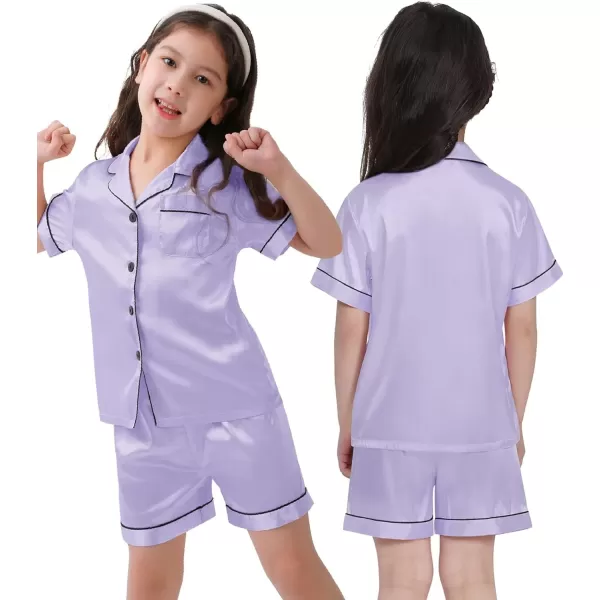 SWOMOG 3 pcs Kids Girls Boys Satin Pajamas Set Silk ButtonDown PJs Sets Soft Lounge Sets Short Sleeve SleepwearLavender