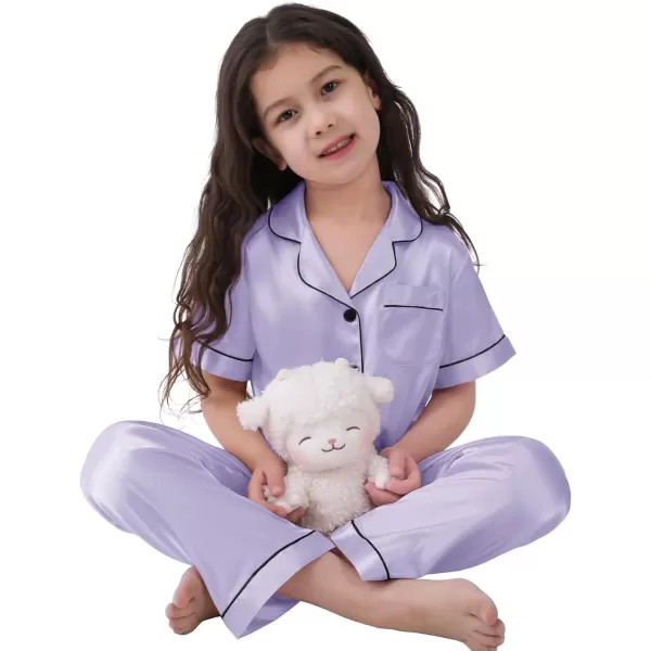 SWOMOG 3 pcs Kids Girls Boys Satin Pajamas Set Silk ButtonDown PJs Sets Soft Lounge Sets Short Sleeve SleepwearLavender