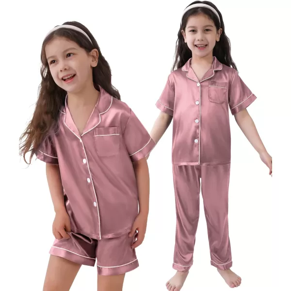 SWOMOG 3 pcs Kids Girls Boys Satin Pajamas Set Silk ButtonDown PJs Sets Soft Lounge Sets Short Sleeve SleepwearMistyrose