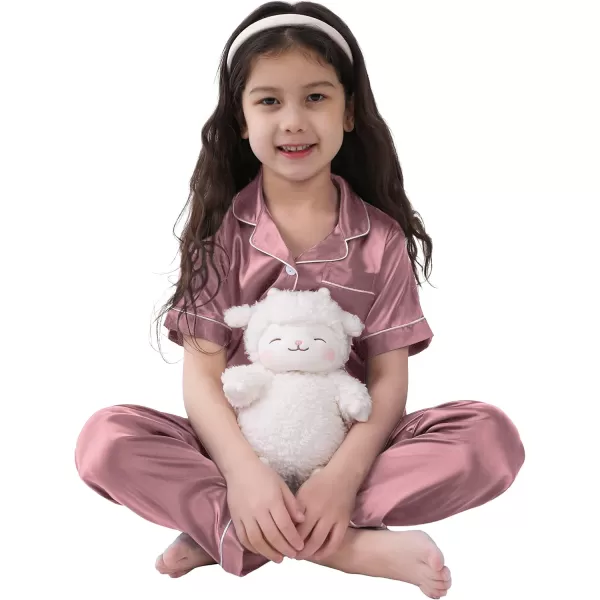 SWOMOG 3 pcs Kids Girls Boys Satin Pajamas Set Silk ButtonDown PJs Sets Soft Lounge Sets Short Sleeve SleepwearMistyrose