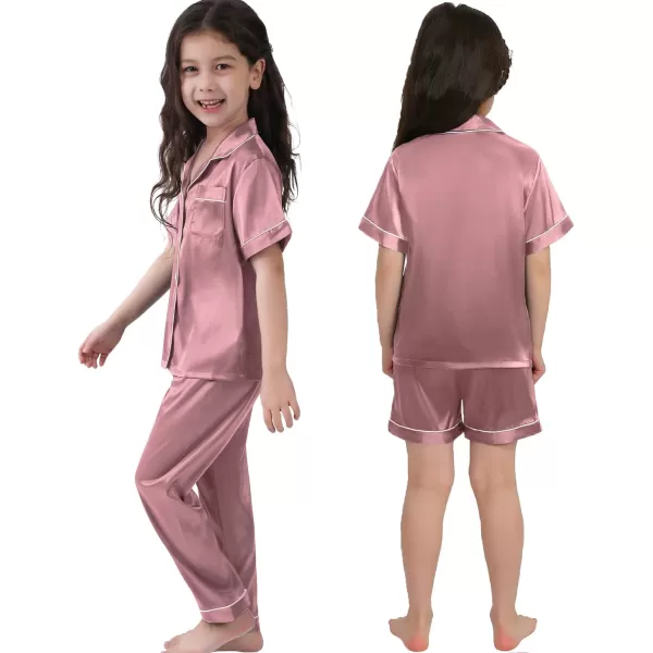 SWOMOG 3 pcs Kids Girls Boys Satin Pajamas Set Silk ButtonDown PJs Sets Soft Lounge Sets Short Sleeve SleepwearMistyrose