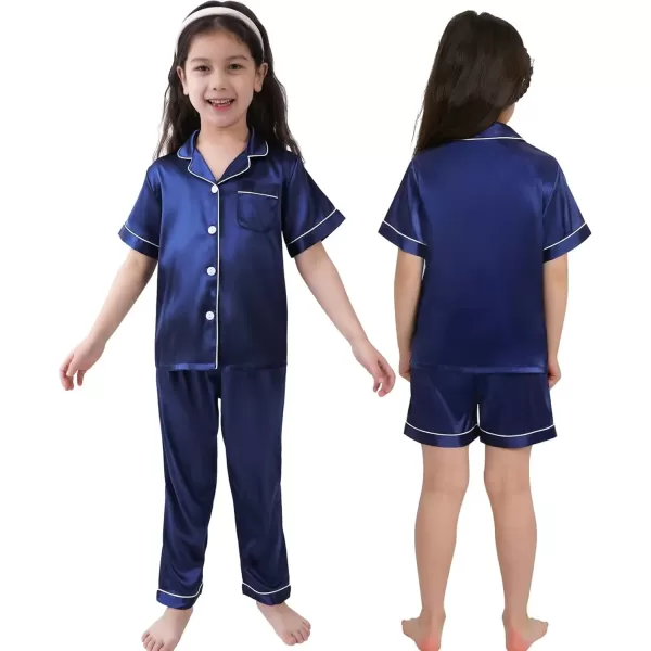 SWOMOG 3 pcs Kids Girls Boys Satin Pajamas Set Silk ButtonDown PJs Sets Soft Lounge Sets Short Sleeve SleepwearNavy Blue