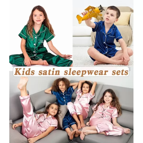 SWOMOG 3 pcs Kids Girls Boys Satin Pajamas Set Silk ButtonDown PJs Sets Soft Lounge Sets Short Sleeve SleepwearNavy Blue