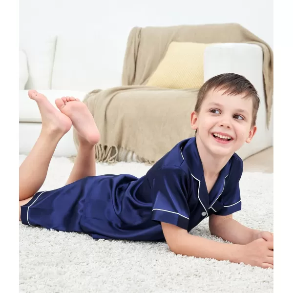 SWOMOG 3 pcs Kids Girls Boys Satin Pajamas Set Silk ButtonDown PJs Sets Soft Lounge Sets Short Sleeve SleepwearNavy Blue