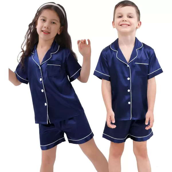 SWOMOG 3 pcs Kids Girls Boys Satin Pajamas Set Silk ButtonDown PJs Sets Soft Lounge Sets Short Sleeve SleepwearNavy Blue