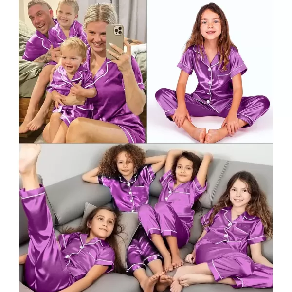 SWOMOG 3 pcs Kids Girls Boys Satin Pajamas Set Silk ButtonDown PJs Sets Soft Lounge Sets Short Sleeve SleepwearOrchid