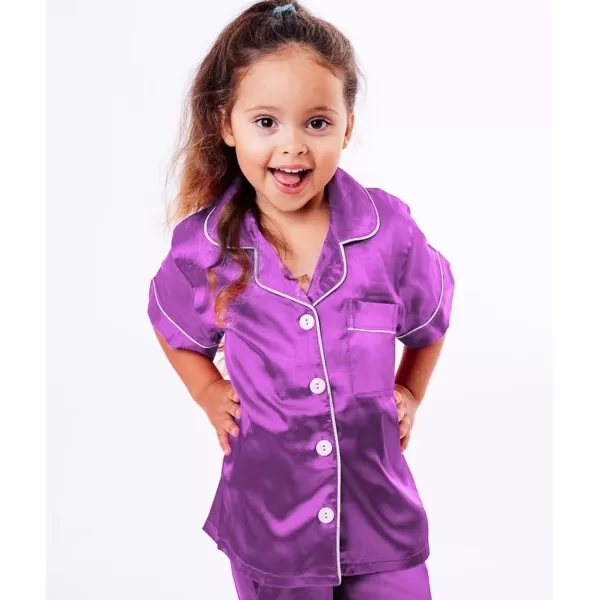 SWOMOG 3 pcs Kids Girls Boys Satin Pajamas Set Silk ButtonDown PJs Sets Soft Lounge Sets Short Sleeve SleepwearOrchid