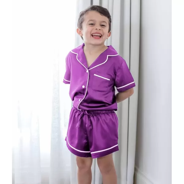 SWOMOG 3 pcs Kids Girls Boys Satin Pajamas Set Silk ButtonDown PJs Sets Soft Lounge Sets Short Sleeve SleepwearOrchid