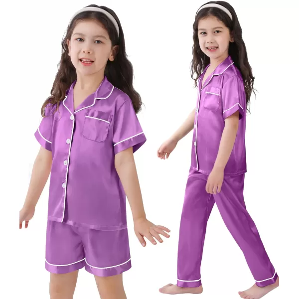 SWOMOG 3 pcs Kids Girls Boys Satin Pajamas Set Silk ButtonDown PJs Sets Soft Lounge Sets Short Sleeve SleepwearOrchid