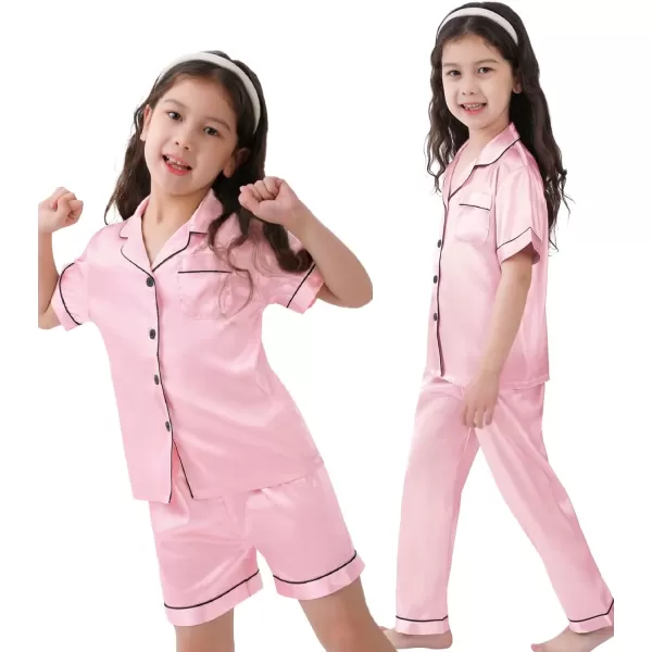 SWOMOG 3 pcs Kids Girls Boys Satin Pajamas Set Silk ButtonDown PJs Sets Soft Lounge Sets Short Sleeve SleepwearPink