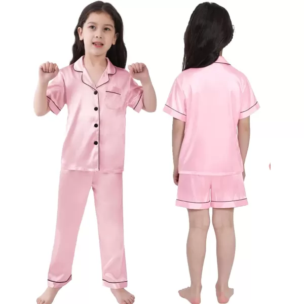 SWOMOG 3 pcs Kids Girls Boys Satin Pajamas Set Silk ButtonDown PJs Sets Soft Lounge Sets Short Sleeve SleepwearPink