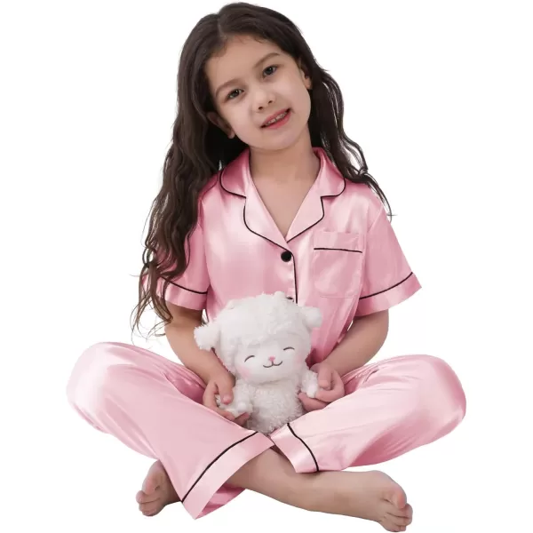 SWOMOG 3 pcs Kids Girls Boys Satin Pajamas Set Silk ButtonDown PJs Sets Soft Lounge Sets Short Sleeve SleepwearPink