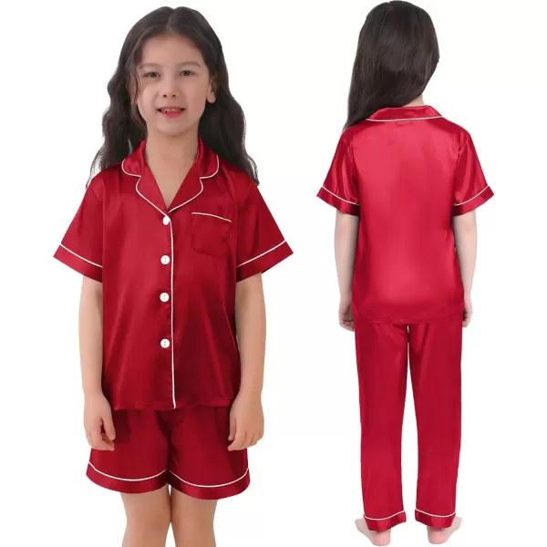 SWOMOG 3 pcs Kids Girls Boys Satin Pajamas Set Silk ButtonDown PJs Sets Soft Lounge Sets Short Sleeve SleepwearRed 1