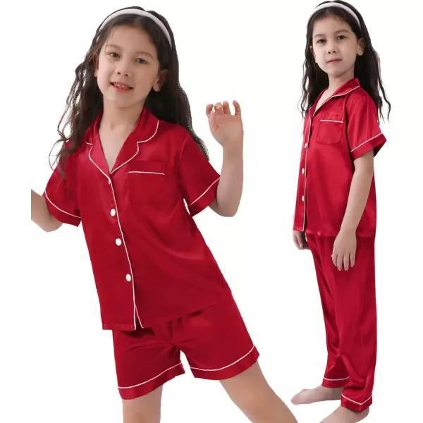 SWOMOG 3 pcs Kids Girls Boys Satin Pajamas Set Silk ButtonDown PJs Sets Soft Lounge Sets Short Sleeve SleepwearRed 1