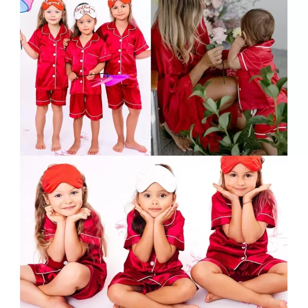 SWOMOG 3 pcs Kids Girls Boys Satin Pajamas Set Silk ButtonDown PJs Sets Soft Lounge Sets Short Sleeve SleepwearRed 1