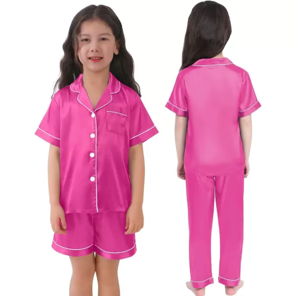 SWOMOG 3 pcs Kids Girls Boys Satin Pajamas Set Silk ButtonDown PJs Sets Soft Lounge Sets Short Sleeve SleepwearRose