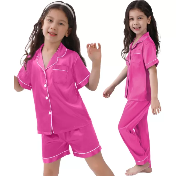 SWOMOG 3 pcs Kids Girls Boys Satin Pajamas Set Silk ButtonDown PJs Sets Soft Lounge Sets Short Sleeve SleepwearRose