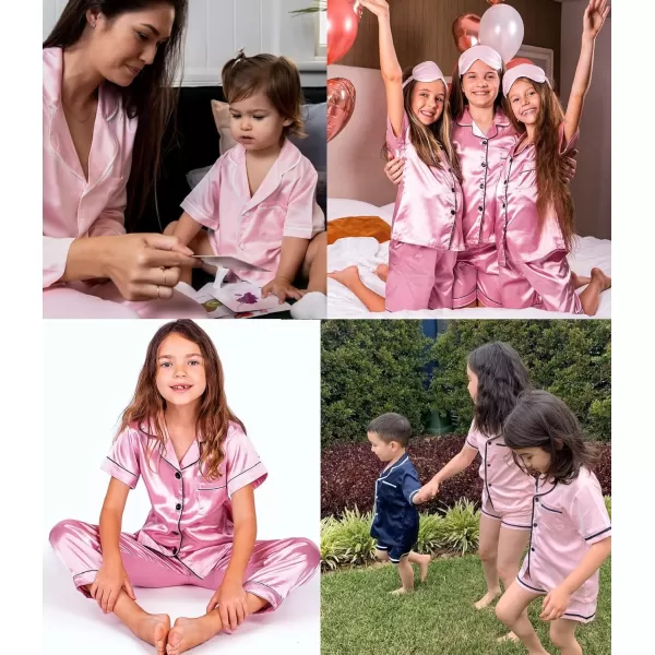 SWOMOG 3 pcs Kids Girls Boys Satin Pajamas Set Silk ButtonDown PJs Sets Soft Lounge Sets Short Sleeve SleepwearRose