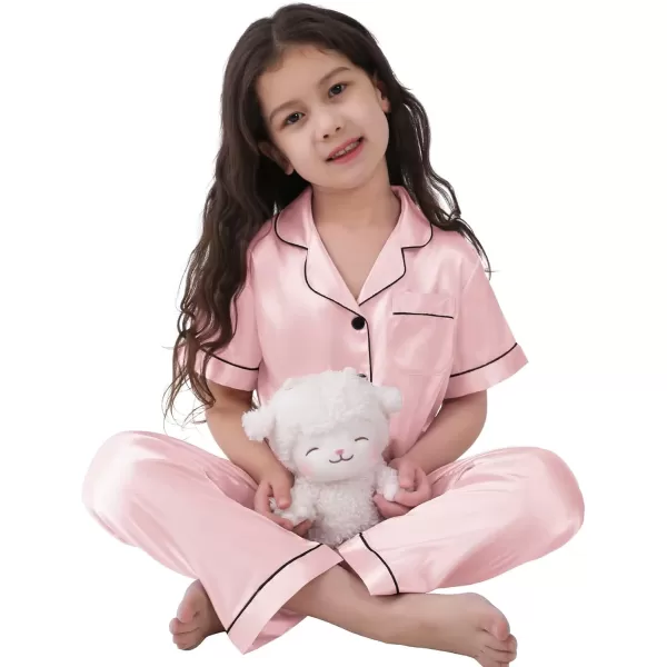 SWOMOG 3 pcs Kids Girls Boys Satin Pajamas Set Silk ButtonDown PJs Sets Soft Lounge Sets Short Sleeve SleepwearSakura Pink