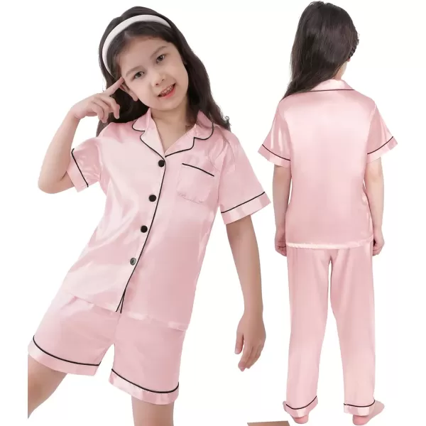 SWOMOG 3 pcs Kids Girls Boys Satin Pajamas Set Silk ButtonDown PJs Sets Soft Lounge Sets Short Sleeve SleepwearSakura Pink