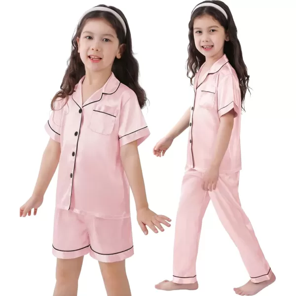 SWOMOG 3 pcs Kids Girls Boys Satin Pajamas Set Silk ButtonDown PJs Sets Soft Lounge Sets Short Sleeve SleepwearSakura Pink