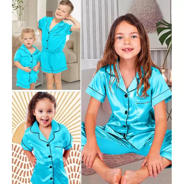 SWOMOG 3 pcs Kids Girls Boys Satin Pajamas Set Silk ButtonDown PJs Sets Soft Lounge Sets Short Sleeve SleepwearTf Blue