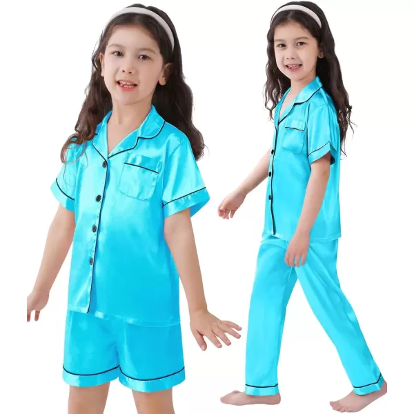 SWOMOG 3 pcs Kids Girls Boys Satin Pajamas Set Silk ButtonDown PJs Sets Soft Lounge Sets Short Sleeve SleepwearTf Blue