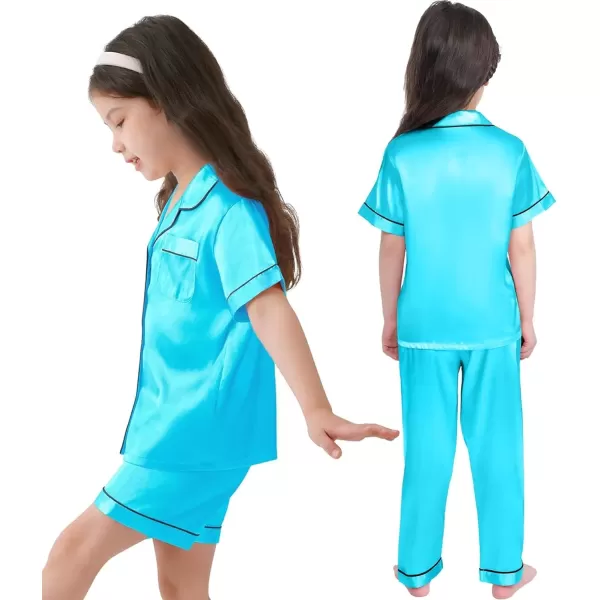 SWOMOG 3 pcs Kids Girls Boys Satin Pajamas Set Silk ButtonDown PJs Sets Soft Lounge Sets Short Sleeve SleepwearTf Blue