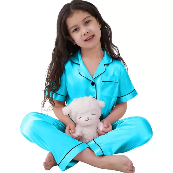 SWOMOG 3 pcs Kids Girls Boys Satin Pajamas Set Silk ButtonDown PJs Sets Soft Lounge Sets Short Sleeve SleepwearTf Blue