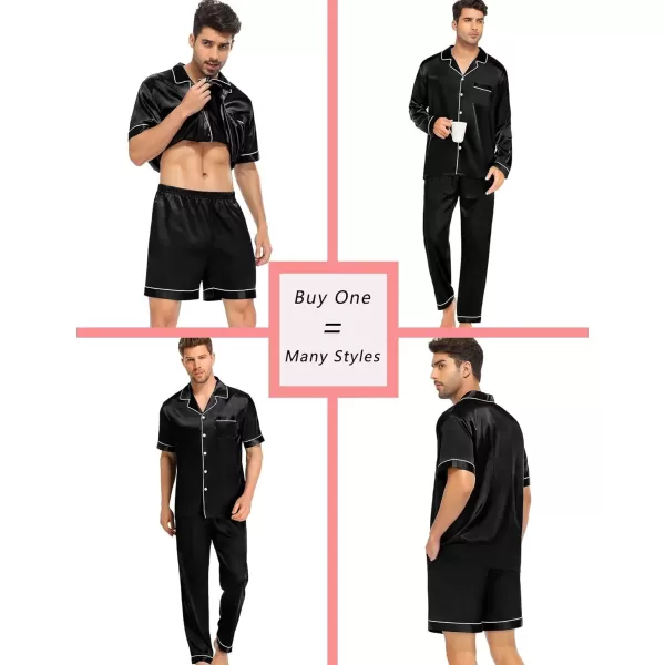 SWOMOG 4 pcs Men Satin Pajamas Set Silk ButtonDown PJs Sets Soft Lounge Sets Classic Silk SleepwearBlack