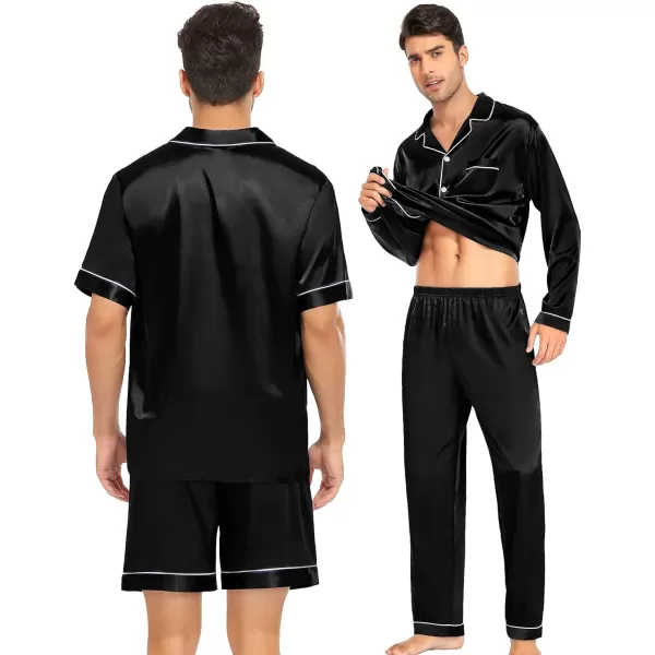 SWOMOG 4 pcs Men Satin Pajamas Set Silk ButtonDown PJs Sets Soft Lounge Sets Classic Silk SleepwearBlack