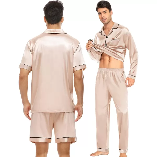 SWOMOG 4 pcs Men Satin Pajamas Set Silk ButtonDown PJs Sets Soft Lounge Sets Classic Silk SleepwearChampagne