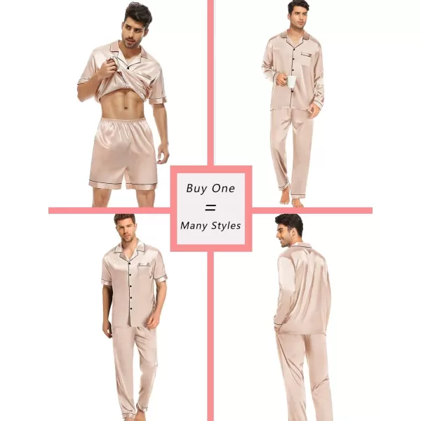 SWOMOG 4 pcs Men Satin Pajamas Set Silk ButtonDown PJs Sets Soft Lounge Sets Classic Silk SleepwearChampagne