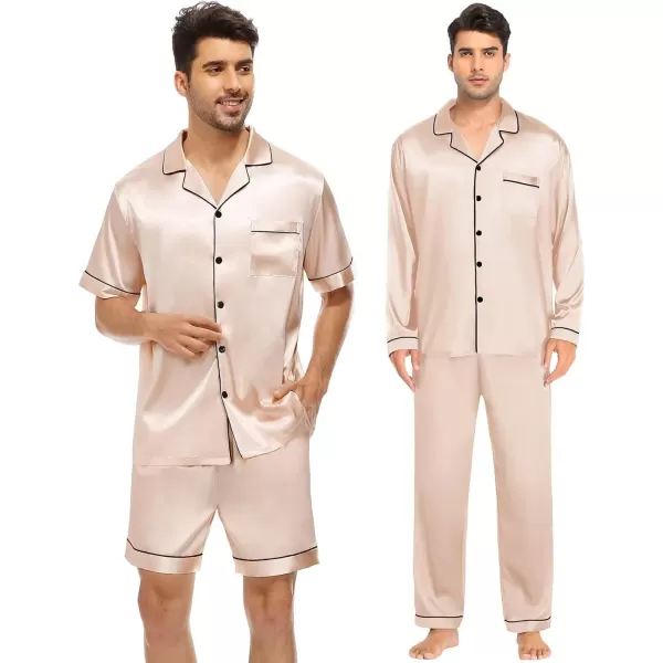 SWOMOG 4 pcs Men Satin Pajamas Set Silk ButtonDown PJs Sets Soft Lounge Sets Classic Silk SleepwearChampagne