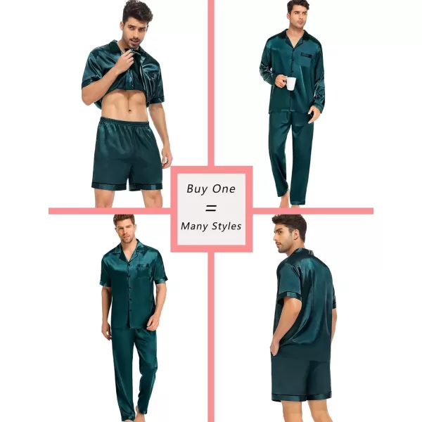 SWOMOG 4 pcs Men Satin Pajamas Set Silk ButtonDown PJs Sets Soft Lounge Sets Classic Silk SleepwearDark Green