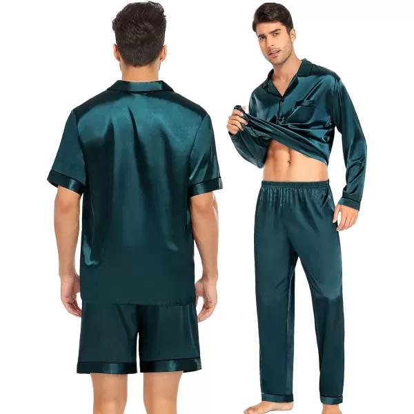 SWOMOG 4 pcs Men Satin Pajamas Set Silk ButtonDown PJs Sets Soft Lounge Sets Classic Silk SleepwearDark Green