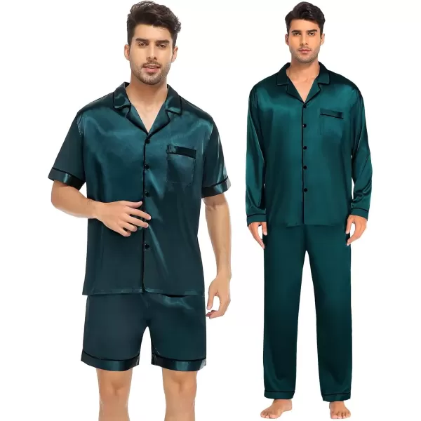 SWOMOG 4 pcs Men Satin Pajamas Set Silk ButtonDown PJs Sets Soft Lounge Sets Classic Silk SleepwearDark Green