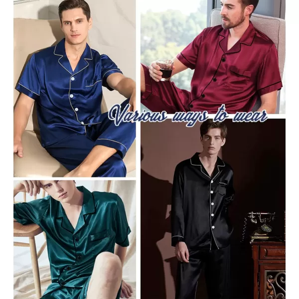 SWOMOG 4 pcs Men Satin Pajamas Set Silk ButtonDown PJs Sets Soft Lounge Sets Classic Silk SleepwearDark Navy Blue