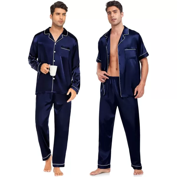 SWOMOG 4 pcs Men Satin Pajamas Set Silk ButtonDown PJs Sets Soft Lounge Sets Classic Silk SleepwearDark Navy Blue