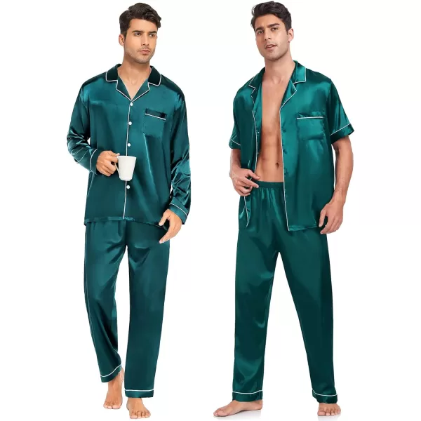 SWOMOG 4 pcs Men Satin Pajamas Set Silk ButtonDown PJs Sets Soft Lounge Sets Classic Silk SleepwearGreen