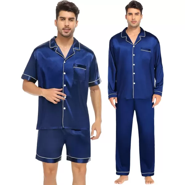 SWOMOG 4 pcs Men Satin Pajamas Set Silk ButtonDown PJs Sets Soft Lounge Sets Classic Silk SleepwearNavy Blue