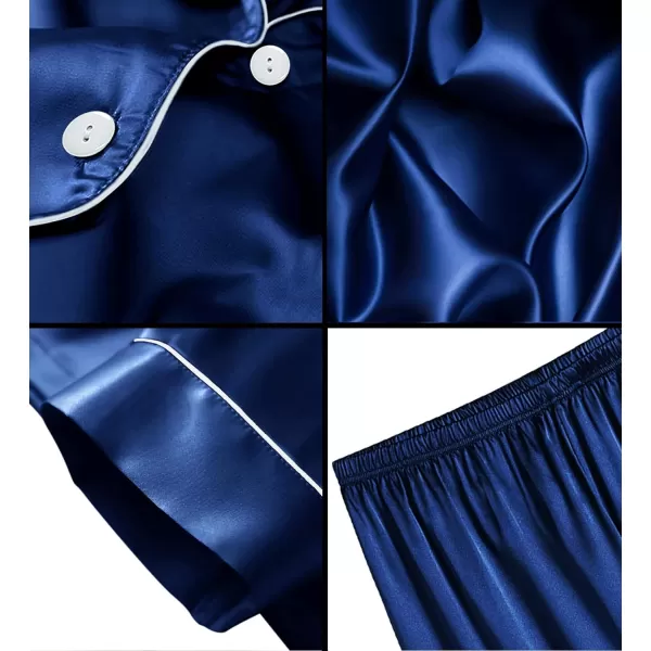 SWOMOG 4 pcs Men Satin Pajamas Set Silk ButtonDown PJs Sets Soft Lounge Sets Classic Silk SleepwearNavy Blue