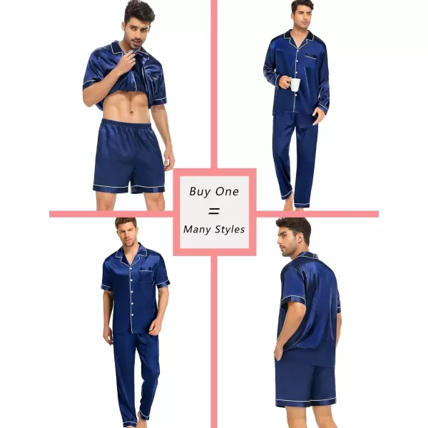 SWOMOG 4 pcs Men Satin Pajamas Set Silk ButtonDown PJs Sets Soft Lounge Sets Classic Silk SleepwearNavy Blue