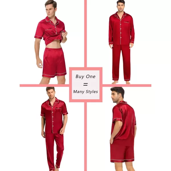 SWOMOG 4 pcs Men Satin Pajamas Set Silk ButtonDown PJs Sets Soft Lounge Sets Classic Silk SleepwearRed 1